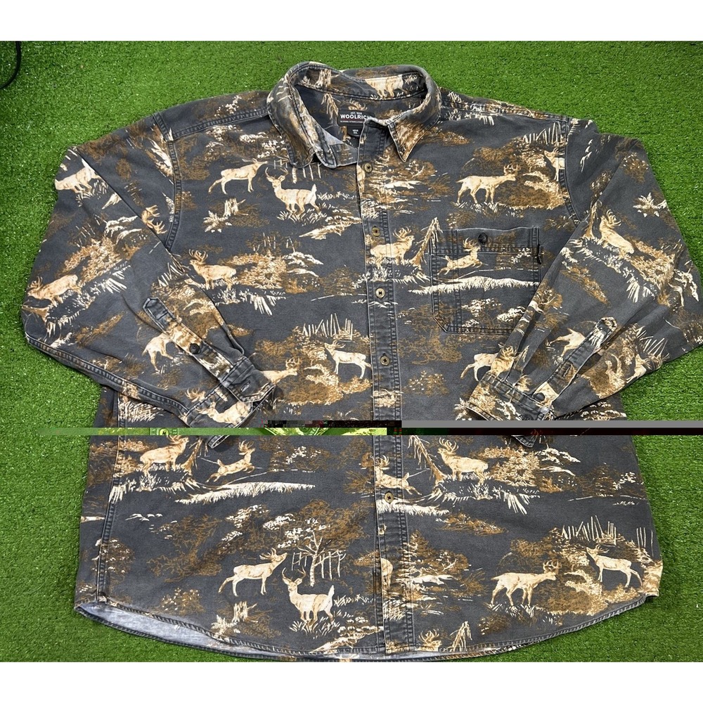 VTG Woolrich Heavy Flannel 2XL Buck Elk Deer Print 90s Chamois "camo" Button Up